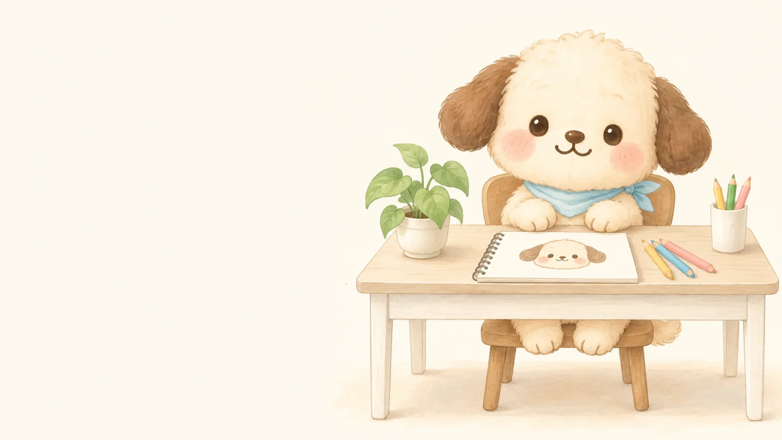 机に座って絵を描く、白企画の案内役のこいぬ「ポテ」